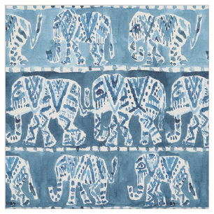 ELEPHANT SAFARI Boho Tribal Indigo Waterverf Stof