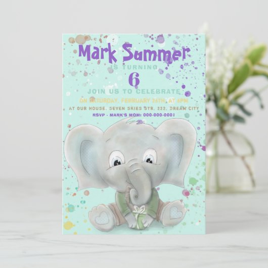 Elephant schattig jongetje verjaardagsuitnodiging aankondiging (Staand voorkant)