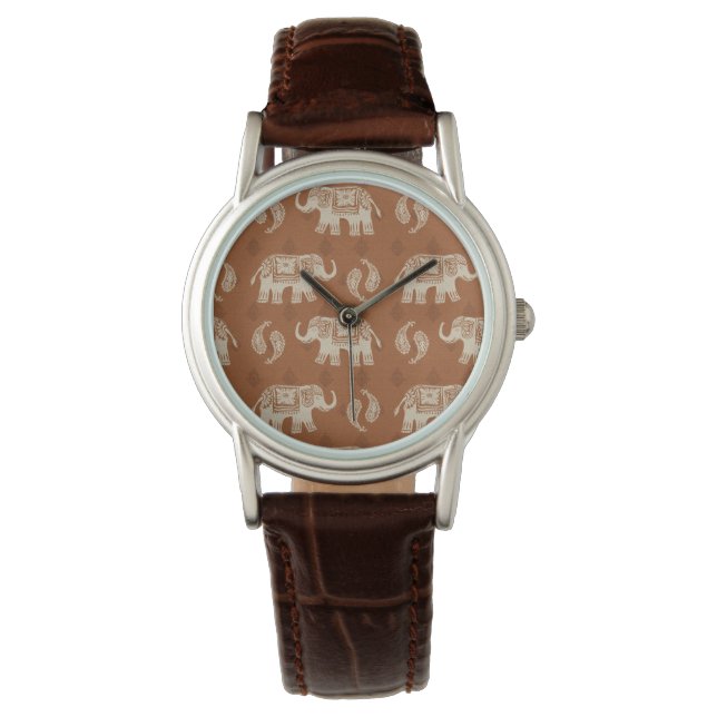 Elephant Sinaasappel Caravan Pattern Horloge (Voorkant)
