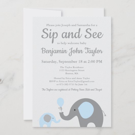 Elephant Sip et voir les invitations en bleu et gr (Devant)