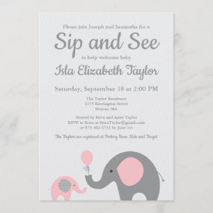 Elephant Sip et voir les invitations en rose et gr