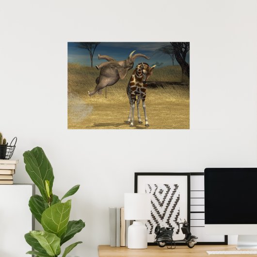 Elephant springt over Giraffe Poster (Thuiskantoor)