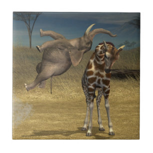 Elephant springt over Giraffe Tegeltje