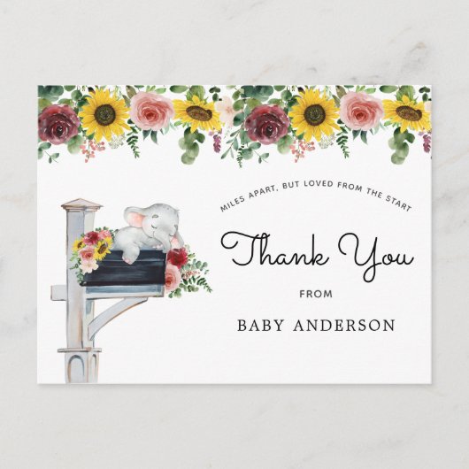 Elephant Sunflower Baby shower per post Dank u Briefkaart (Voorkant)