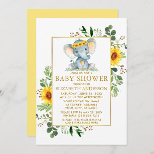 Elephant Sunflower Greenery Baby shower Gold Kaart