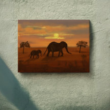 Elephant Sunset Oil Painting - Omwikkelde canvasmu