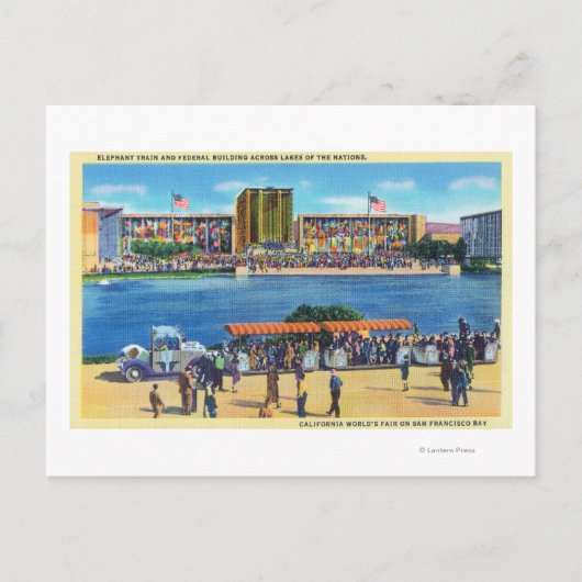 Elephant Train en Federal Bldg, CA Worlds Fair Briefkaart (Voorkant)