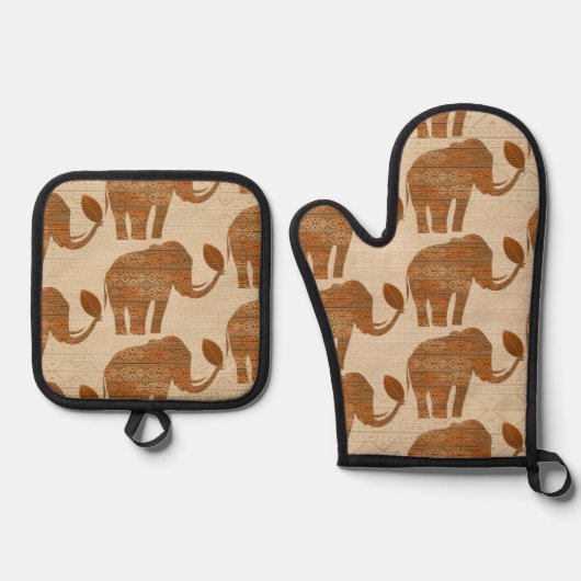Elephant Tribal Kunstontwerp Ovenwant & Pannenlap Set (Voorkant)