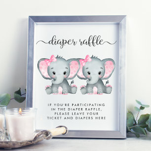 Elephant Twin Baby Girls Shower Diaper Raffle Poster