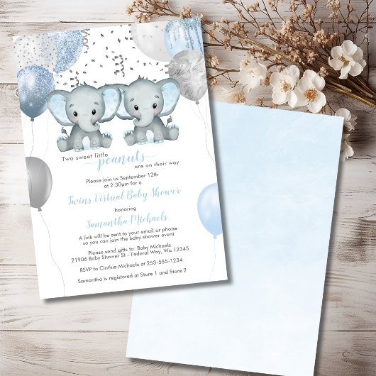 Elephant Twin Boys-ballon Virtual Baby shower Kaart