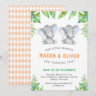 Elephant Twin Boys Birthday Little Peanuts Party Kaart