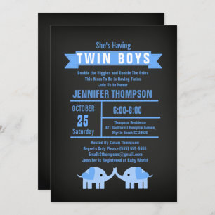Elephant Twin Boys Chalkboard Baby shower Kaart