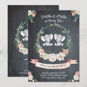 Elephant twin girl Invitation, Floral, Baby 1st Kaart