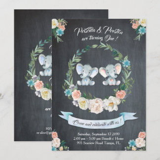 Elephant twin girl Invitation, Floral, Baby 1st Kaart