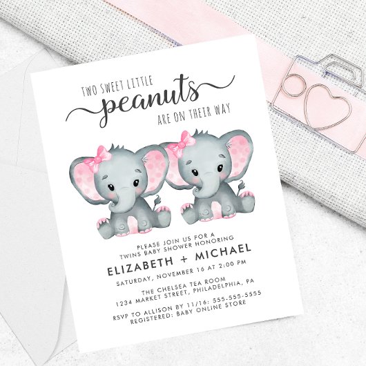 Elephant Twin Girls Baby Couples Shower Invitation