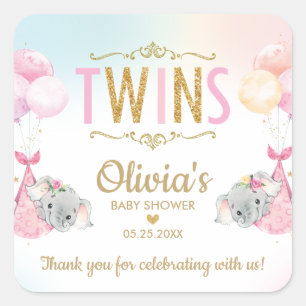 Elephant Twin Girls Baby shower Dank u wel Vierkante Sticker
