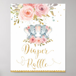 Elephant Twin Girls Baby shower Diaper Raffle Sign Poster