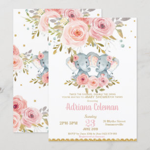 Elephant Twin Girls Baby shower Invitation Floral Kaart