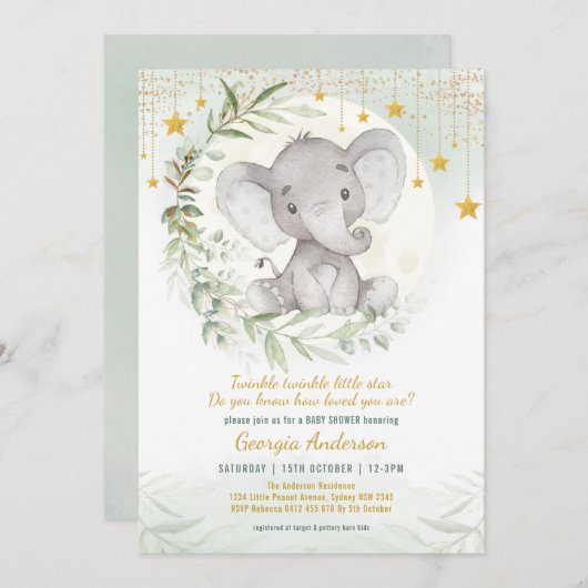 Elephant Twinkle Little Star Greenery Baby shower Kaart (Voorkant / Achterkant)