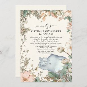 Elephant Twins Florals Cream Virtual Baby shower Kaart