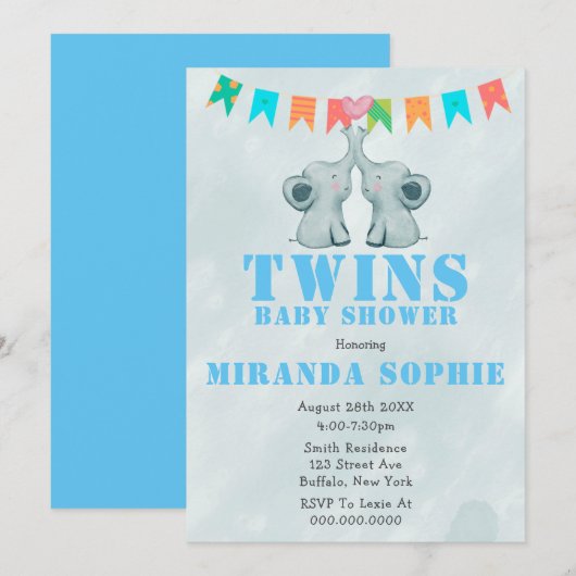Elephant Twins Waterverf Baby Shower Invitations (Voorkant / Achterkant)