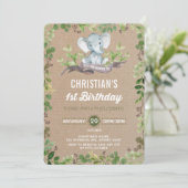 Elephant vert rustique 1er anniversaire Invitation (Debout devant)