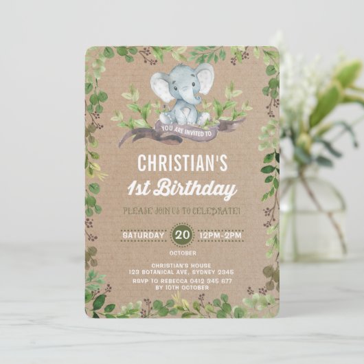 Elephant vert rustique 1er anniversaire Invitation (Debout devant)