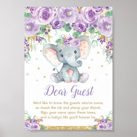 Elephant violet Baby shower empreinte livre d'or (Devant)