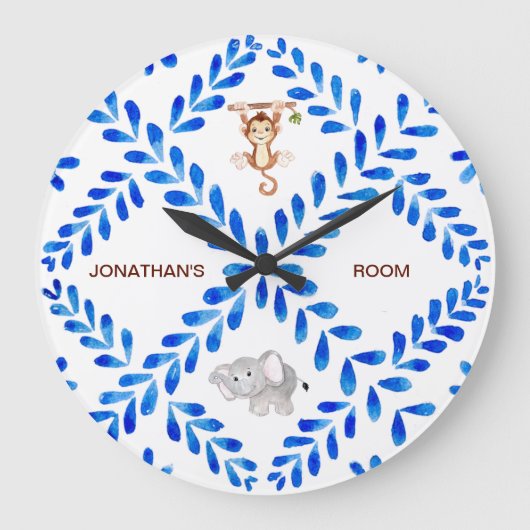 Elephant voor kind Blue & White Monkey - Aangepast Grote Klok (Voorkant)