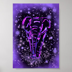 Elephant Walking Poster Starry Night Purple Pink