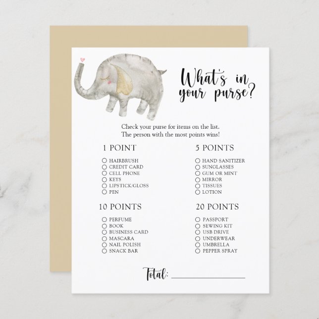 Elephant - Whats in je paarse baby shower game (Voorkant / Achterkant)