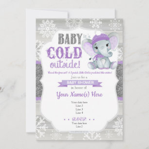 Elephant Winter Invitation for Girl Shower Paars Kaart