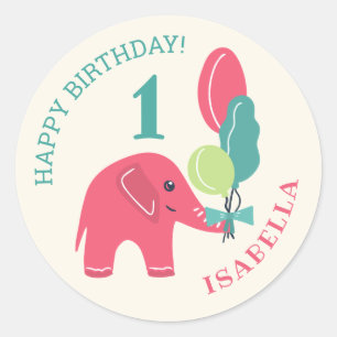 Elephant with Balloons Girls 1ste verjaardag Ronde Sticker