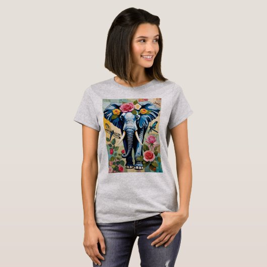 Elephant With Roses And Dragonflies Patchwork T-shirt (Voorkant volledig)