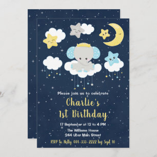 Elephant Yellow and Navy Blue Birthday Party Kaart