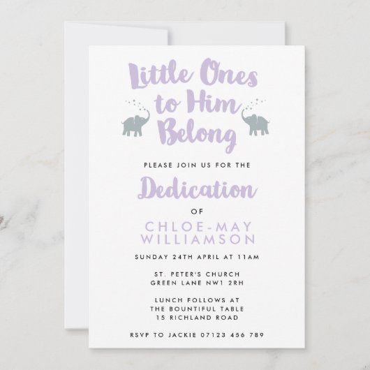 Elephants Christian Dedication Invitation | Lilac (Devant)