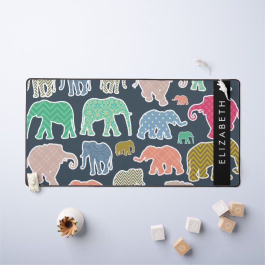 Eléphants colorés, Motif d'éléphants, Votre nom (Tableau pour enfants)