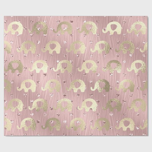 Elephants Metalli Hearts Gold Pink Rose Baby Girl Cadeaupapier (Vlak)