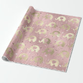 Elephants Metalli Hearts Gold Pink Rose Baby Girl Cadeaupapier (Uitgerold)