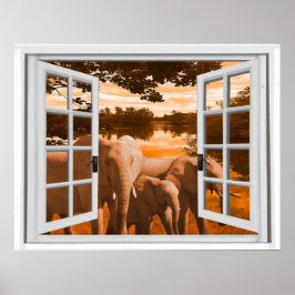 Elephants Sunset Uitzicht Trompe l'oeil Fake Windo Poster