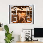 Elephants Sunset Uitzicht Trompe l'oeil Fake Windo Poster (Thuiskantoor)