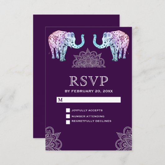 Eléphants tatoués au henné Mariage indien RSVP (Devant / Derrière)