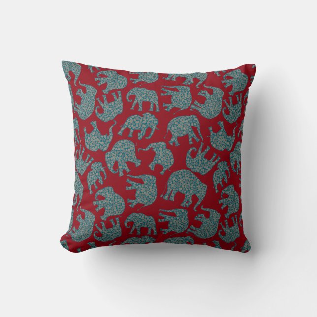 Elephants van de Douane Paisley op Rode Pillow of  Kussen (Voorkant)