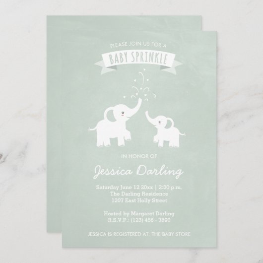 Eléphants verts Moderne Baby Sprinkle Invitations (Devant / Derrière)