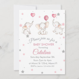 Elephants with Baloons Girl Baby Shower Invitation Kaart