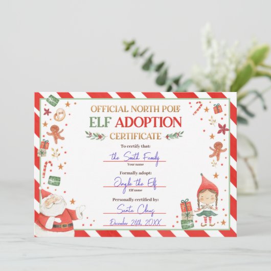 Elf Adoptie Certificaat Adopteer een Elf Kerstmis Kaart (Staand voorkant)