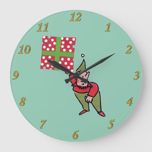 Elf avec Polka Dot Cadeau vert horloge murale (Recto)