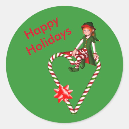 Elf Candy Cane Heart Kerstfeestdag Ronde Sticker (Voorkant)