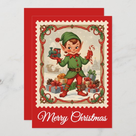 Elf | Carte de Noël Retro Postage (Devant / Derrière)