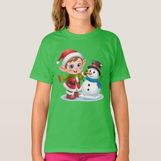 Elf Construisant Un Bonhomme de Neige – T-shirt de (Devant)
